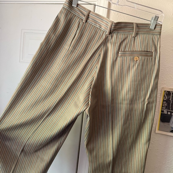 TOAST UK tan green striped wool cotton blend wide straight leg cropped trousers - Picture 4 of 6